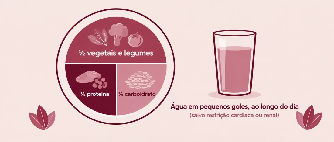 Metade do prato de vegetais e legumes, um quarto de proteína e um quarto de carboidrato; água em pequenos goles ao longo do dia
