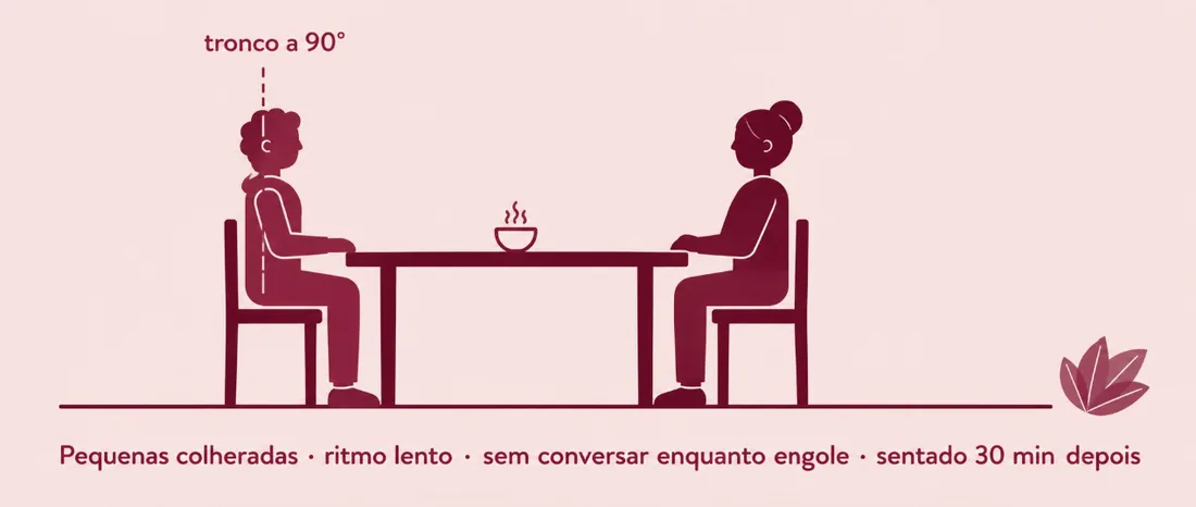Tronco a 90°: pequenas colheradas, ritmo lento, sem conversar enquanto engole, sentado 30 min depois