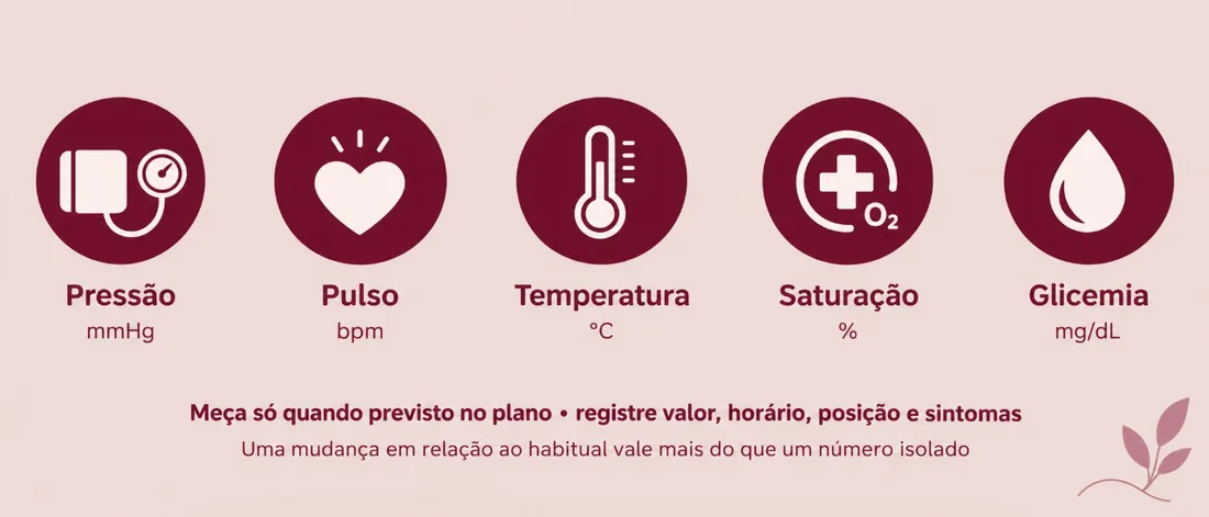 Pressão (mmHg), pulso (bpm), temperatura (°C), saturação (%) e glicemia (mg/dL)