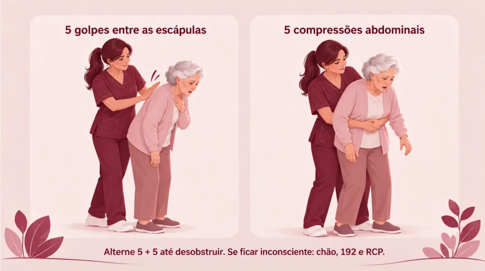 5 golpes entre as escápulas e 5 compressões abdominais — alterne 5 + 5 até desobstruir