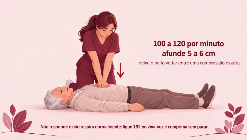 100 a 120 compressões por minuto, afundando 5 a 6 cm, deixando o peito voltar entre uma compressão e outra