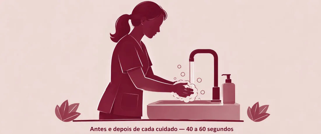 Lavagem das mãos — antes e depois de cada cuidado, 40 a 60 segundos