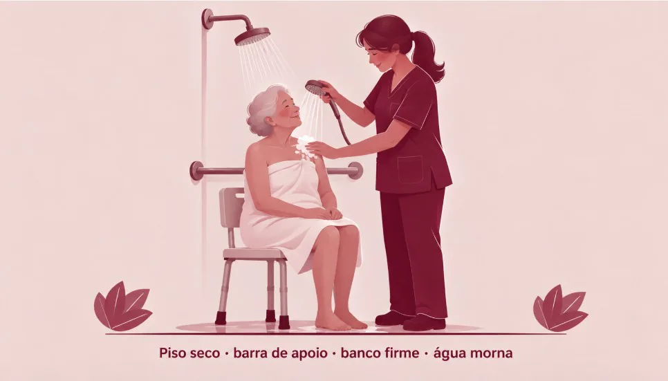 Banho no chuveiro — piso seco, barra de apoio, banco firme, água morna