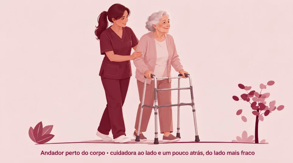Andador perto do corpo — cuidadora ao lado e um pouco atrás, do lado mais fraco
