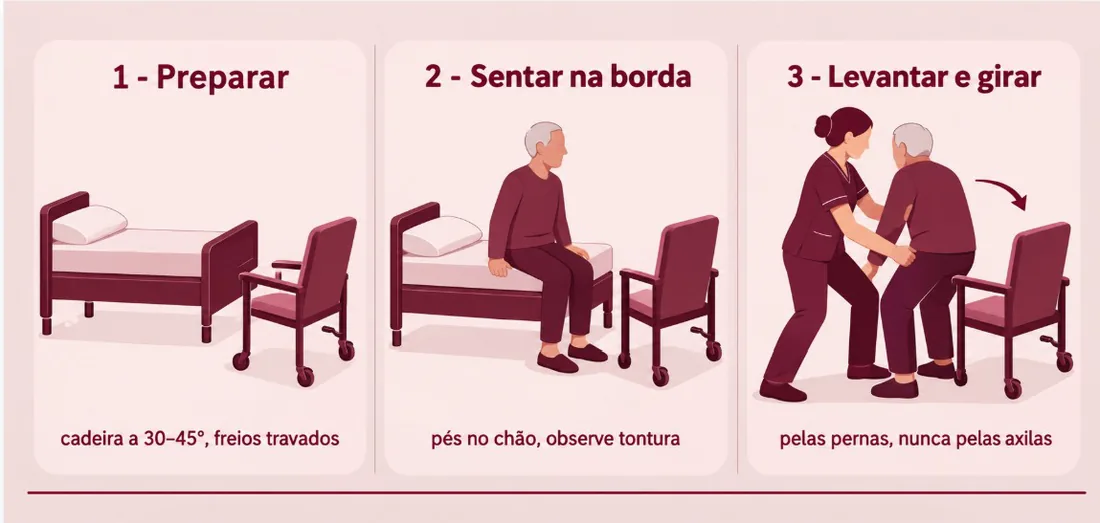 Três passos: preparar, sentar na borda, levantar e girar